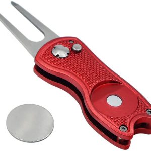 Favport Golf Divot Repair Tool with Pop-up Button & Magnetic Ball Marker Pitch Mark, Lightweight, Portable, Mini Divot Repair Tool, Best Choice for Professional Golfers (Red(104))