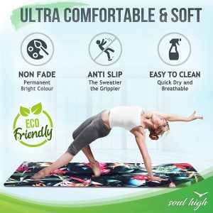 Soul High Yoga Mat | Eco Friendly Non-Slip Exercise Mat | Vegan Suede 6mm TPE Tropical Flower Premium Matt | Soft, Thick, Lightweight Workout Mat with Yoga Strap | Yoga Mats for Women, Men & Kids