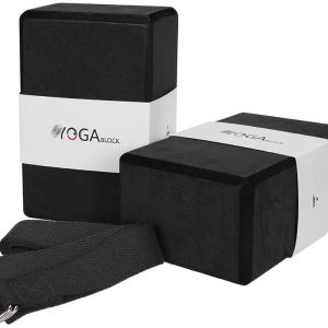 JBM Yoga Block plus Strap with Metal D-Ring Yoga Brick Yoga Block 2 Colors – High Density EVA Foam Yoga Block to Support and Deepen Poses, Lightweight, Odor-Resistant (Black)